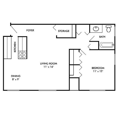 Floor plan for 1 bed, 1 bath, 760 sqft